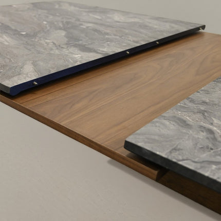 86" Gray and Walnut Wood Self-Storing Leaf Extendable Dining Table