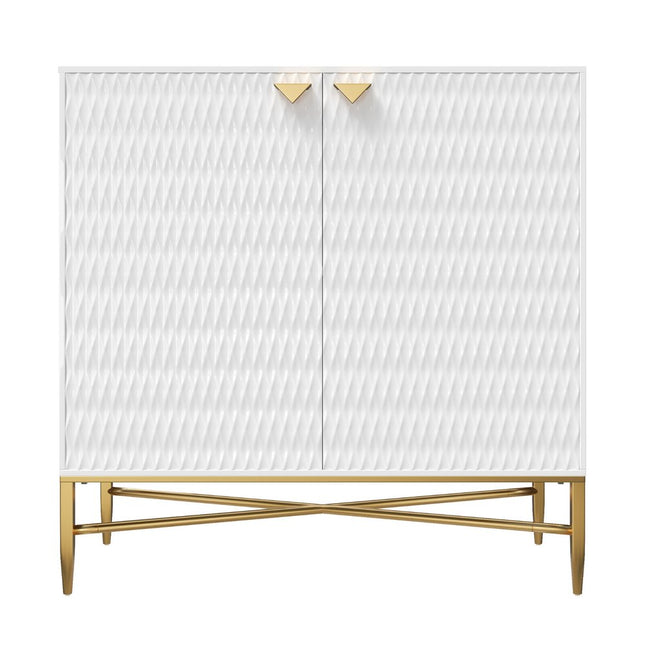 32" White and Gold Wood Accent Cabinet With Two Doors