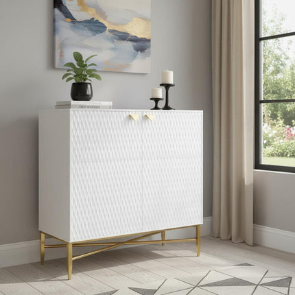 32" White and Gold Wood Accent Cabinet With Two Doors