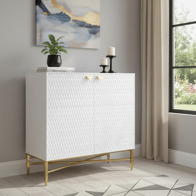 32" White and Gold Wood Accent Cabinet With Two Doors