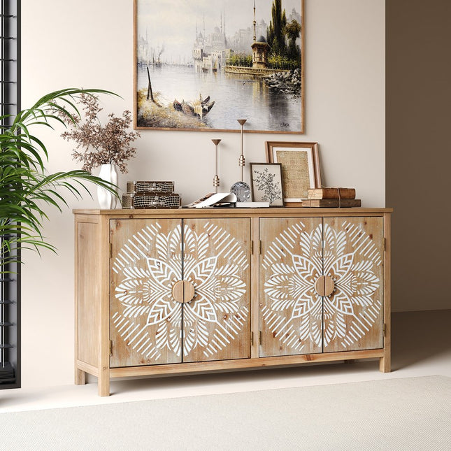 60" Brown and White Wood Carved Floral Accent Cabinet With Four Doors