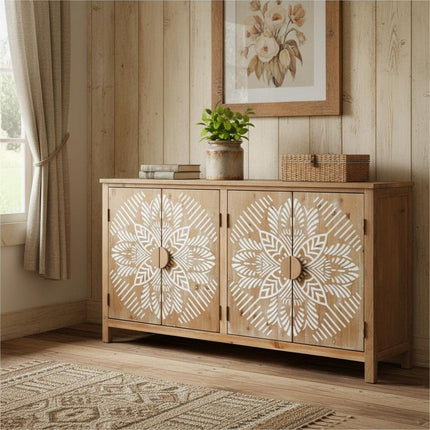 60" Brown and White Wood Carved Floral Accent Cabinet With Four Doors