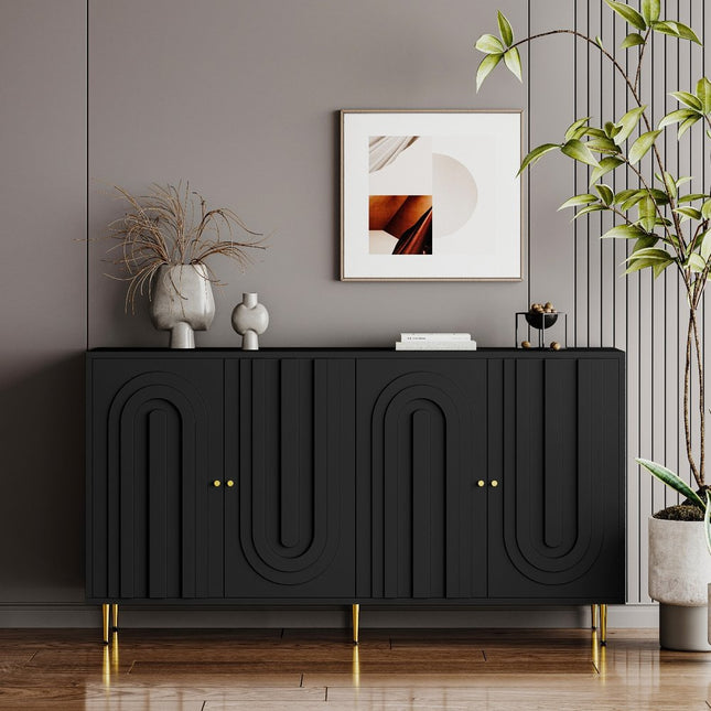 60" Black and Gold Wood and Metal Carved Geometric Accent Cabinet With Four Doors