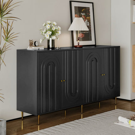 60" Black and Gold Wood and Metal Carved Geometric Accent Cabinet With Four Doors