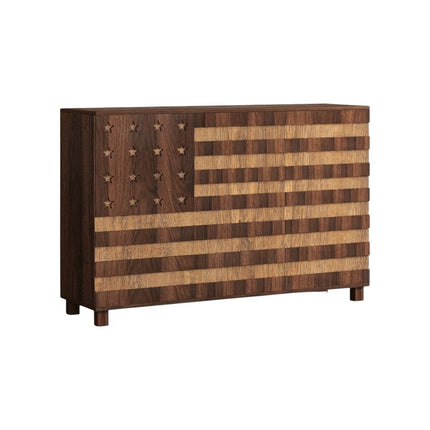 55" Brown Solid Wood Carved American Flag Accent Cabinet With Three Doors And Two Drawers