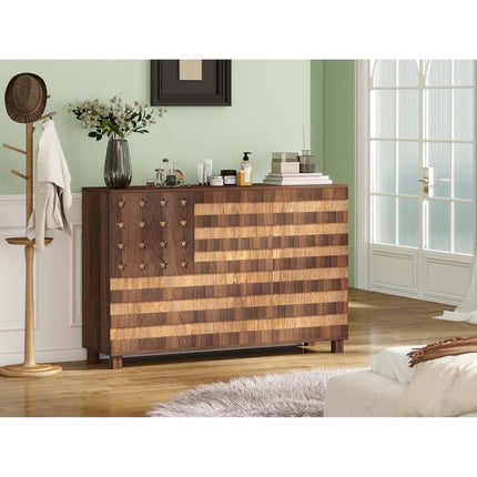 55" Brown Solid Wood Carved American Flag Accent Cabinet With Three Doors And Two Drawers