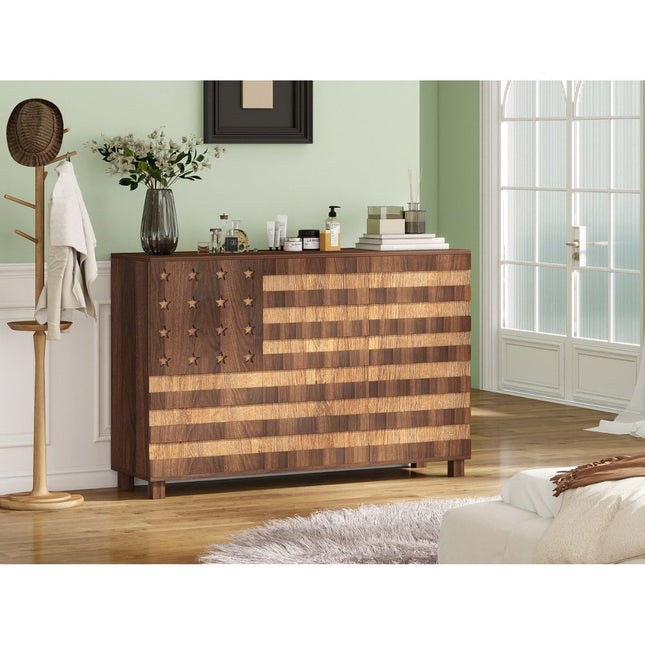 55" Brown Solid Wood Carved American Flag Accent Cabinet With Three Doors And Two Drawers