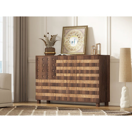 55" Brown Solid Wood Carved American Flag Accent Cabinet With Three Doors And Two Drawers