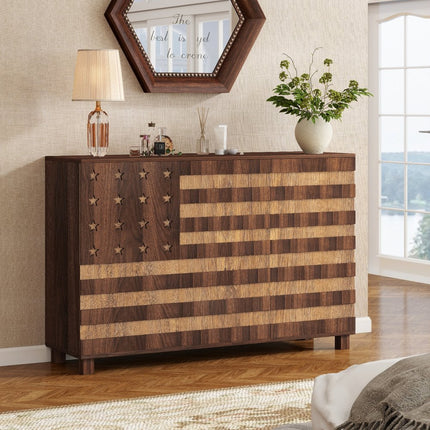 55" Brown Solid Wood Carved American Flag Accent Cabinet With Three Doors And Two Drawers