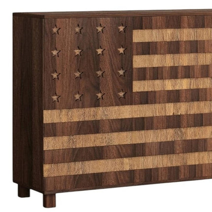 55" Brown Solid Wood Carved American Flag Accent Cabinet With Three Doors And Two Drawers