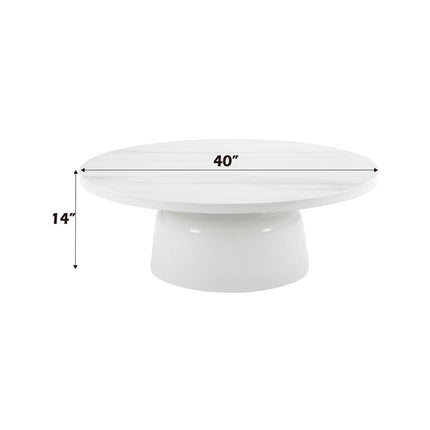 40" White Faux Marble and Wood Round Pedestal Coffee Table
