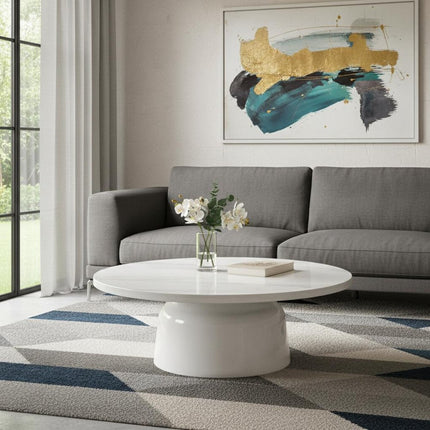 40" White Faux Marble and Wood Round Pedestal Coffee Table