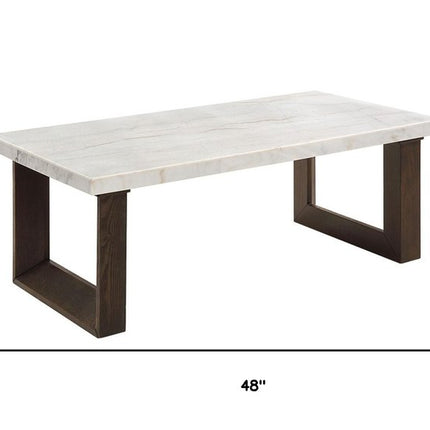 48" White and Espresso Genuine Marble and Wood Sled Coffee Table