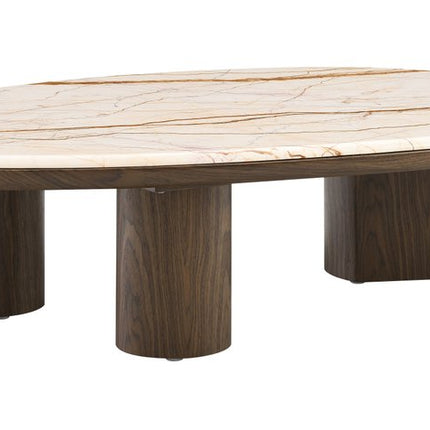 47" Natural and Brown Genuine Marble and Wood Oval Coffee Table