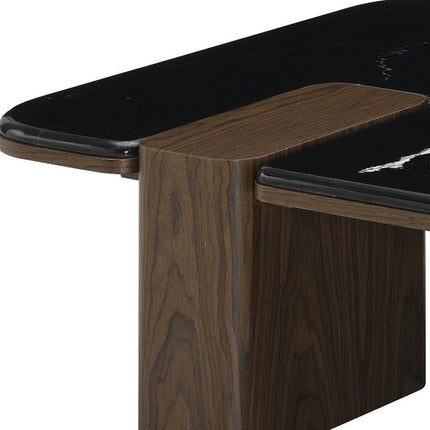 47" Black and Walnut Genuine Marble and Wood Coffee Table
