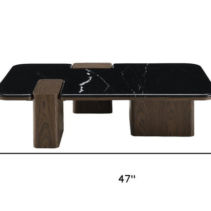 47" Black and Walnut Genuine Marble and Wood Coffee Table