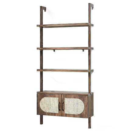 72" Light Brown Wood Adjustable Four Tier Etagere Bookcase with Two Doors