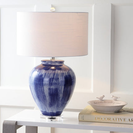 26" Blue And Clear Urn Table Lamp With Drum Shade