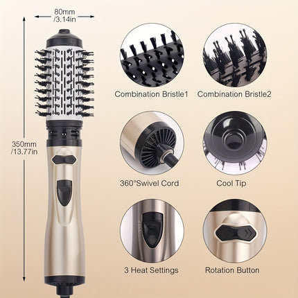 EU Plug 3-In-1 Hot Air Styler And Rotating Hair Dryer Brush Featuring 2 Interchangeable Brushes,