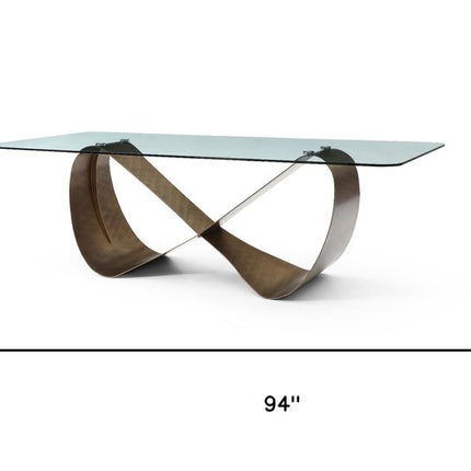94" Clear and Bronze Glass and Steel Cross Leg Base Dining Table