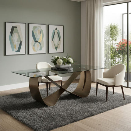 94" Clear and Bronze Glass and Steel Cross Leg Base Dining Table