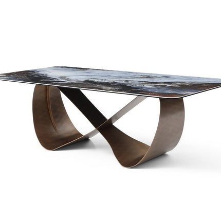 94" Black White and Bronze Ceramic and Steel Cross Leg Base Dining Table
