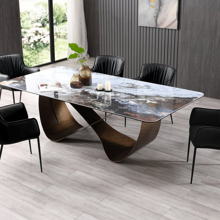 94" Black White and Bronze Ceramic and Steel Cross Leg Base Dining Table