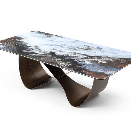 94" Black White and Bronze Ceramic and Steel Cross Leg Base Dining Table