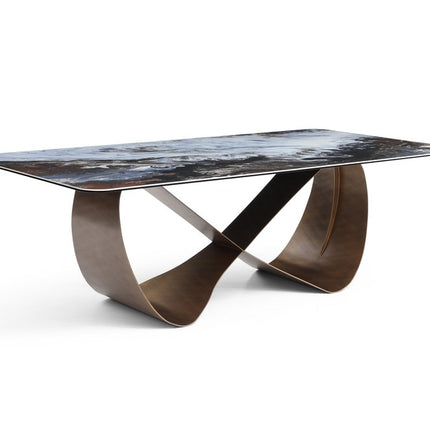 94" Black White and Bronze Ceramic and Steel Cross Leg Base Dining Table