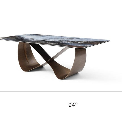 94" Black White and Bronze Ceramic and Steel Cross Leg Base Dining Table
