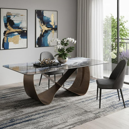 94" Black White and Bronze Ceramic and Steel Cross Leg Base Dining Table
