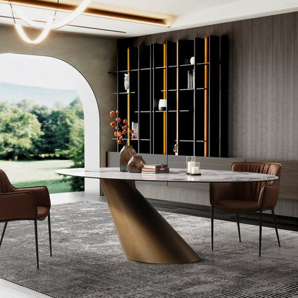 94" Gold Gray White and Bronze Ceramic and Steel Pedestal Base Oval Dining Table