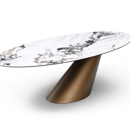 94" Gold Gray White and Bronze Ceramic and Steel Pedestal Base Oval Dining Table