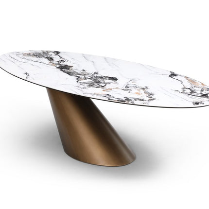94" Gold Gray White and Bronze Ceramic and Steel Pedestal Base Oval Dining Table