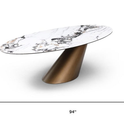 94" Gold Gray White and Bronze Ceramic and Steel Pedestal Base Oval Dining Table