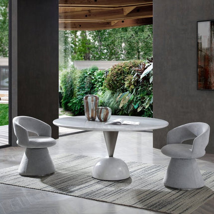 60" White and Black Marble and Stainless Steel Pedestal Base Round Top Dining Table