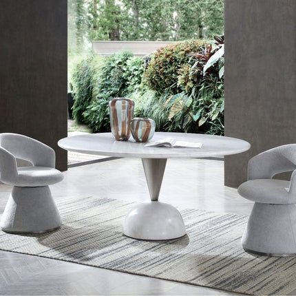60" White and Black Marble and Stainless Steel Pedestal Base Round Top Dining Table
