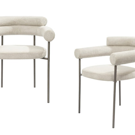 Set of Two Light Gray and Gunmetal Boucle and Stainless Steel Open Back Dining Arm Chairs