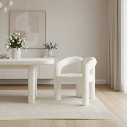 White Boucle Partially Open Back Dining Arm Chair