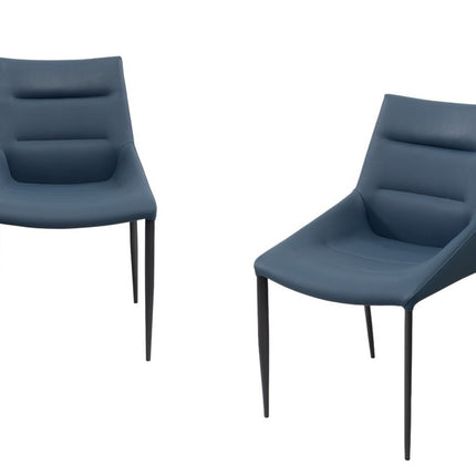 Set of Two Navy Blue and Black Faux Leather and Metal Dining Side Chairs