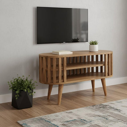 35" Brown Solid Wood Enclosed and Open Storage TV Stand