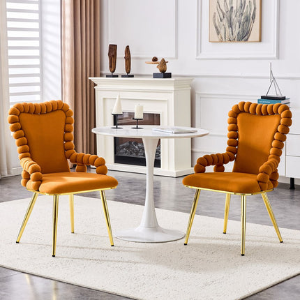 Set of Two Orange and Gold Velvet Dining Arm Chairs