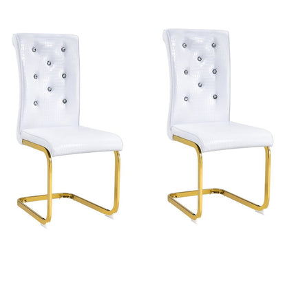 Set of Two White and Gold Faux Leather Dining Side Chairs