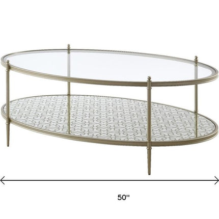 50" Clear and Champagne Glass and Steel Oval Coffee Table