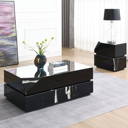 47" Black Mirrored Faux Marble and Glass Block Coffee Table