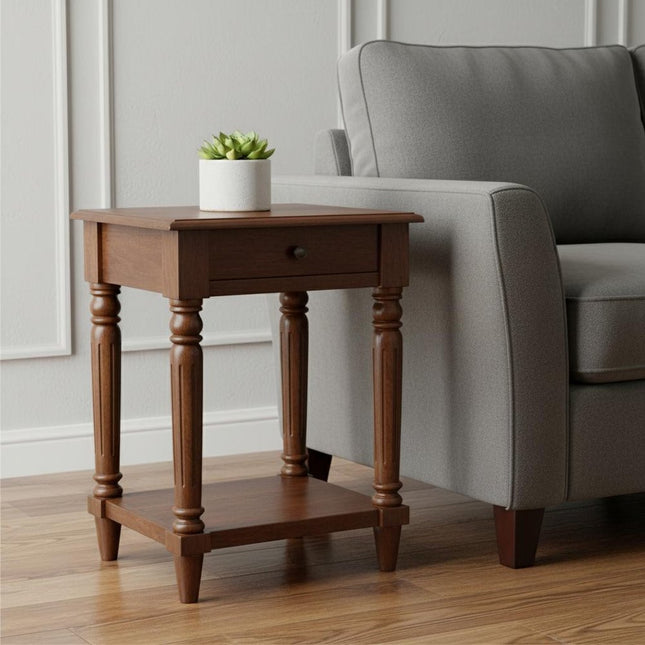 24" Brown Solid Wood and Wood End Table With Drawer And Shelf