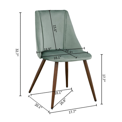 Set of Two Green and Brown Velvet and Steel Dining Side Chairs