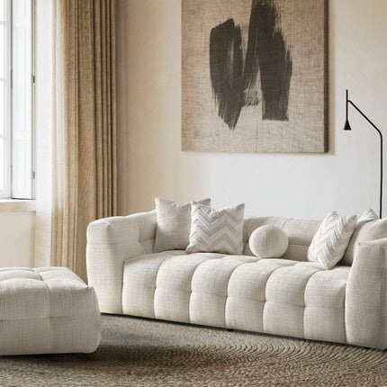 91" Beige Chenille Sofa With Toss Pillows