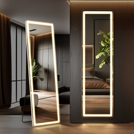 60" Silver Aluminum Lighted Wall Mounted And Freestanding Framed Full Length Mirror