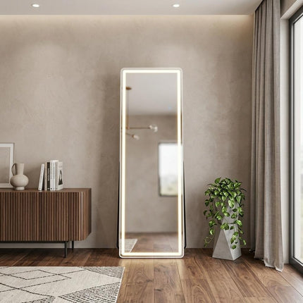 60" Silver Aluminum Lighted Wall Mounted And Freestanding Framed Full Length Mirror